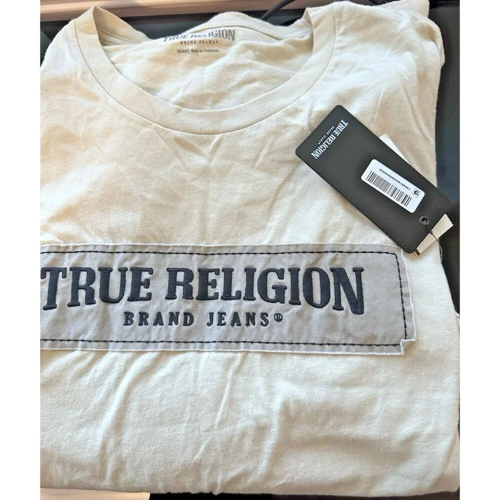 True Religion Men's Short Sleeve Frayed Arch 100% Cotton T-shirt Beige 2XL